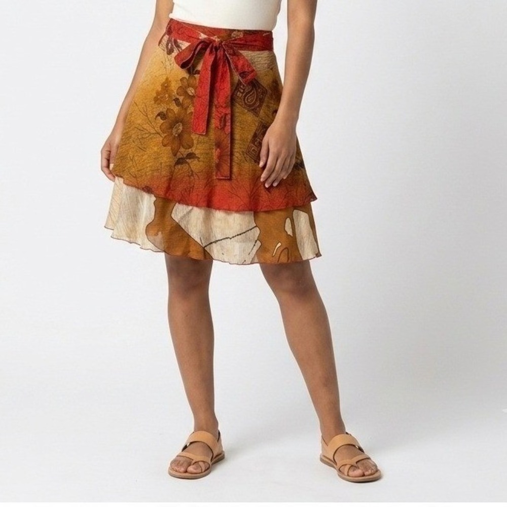 Festival Earthy Boho Wrap Skirt‎ Mini Silk Wevez Sari Orange Gold Floral NWT